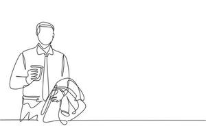 Single continuous line drawing of young businessman thinking about business ideas while holding a cup paper of coffee drink. Drinking tea concept one line draw design vector graphic illustration