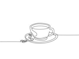 Single continuous line drawing of a cup of coffee drink with coffee beans on ceramic coaster and table. Coffee drink concept display for coffee shop. One line draw design illustration vector