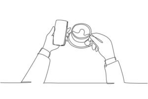 One continuous line drawing of young businessman reading message from business partner on smartphone while take a drink of coffee at coffee shop. Single line draw design illustration vector