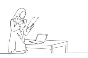 One continuous line drawing of young muslimah marketing manager reading sales report paper from team member while holding a cup of coffee. Drinking coffee concept single line draw design illustration vector