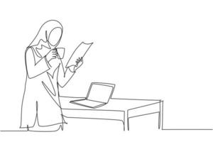 One continuous line drawing of young muslimah marketing manager reading sales report paper from team member while holding a cup of coffee. Drinking coffee concept single line draw design illustration vector