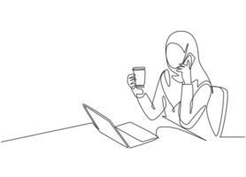 Single continuous line drawing of young muslimah office worker talking with her partner on the phone. Arab middle east female cloth hijab and veil. One line draw design illustration vector