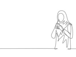 Single continuous line drawing of young muslimah marketing manager holding a cup of coffee while office break time. Arab middle east female cloth hijab and veil. One line draw design illustration vector