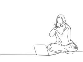 One single line drawing of young female muslimah college student take a rest by drinking a cup coffee while studying before exam. Drinking coffe or tea concept continuous line draw design illustration vector