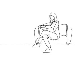 Single continuous line drawing of young female worker get relax by sitting on the sofa while holding a cup of coffee drink. Drinking tea concept one line draw graphic design vector illustration