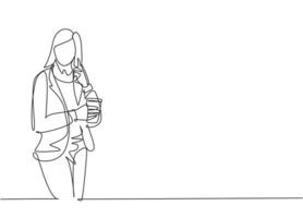 One continuous line drawing of young female marketing manager discuss sales strategy on phone while holding a cup of coffee. Drinking tea concept single line draw graphic design vector illustration