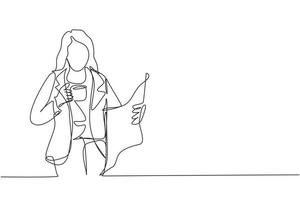 One continuous line drawing of young female marketing manager in casual reading newspaper while holding a cup of coffee drink. Drinking tea concept single line draw design vector graphic illustration