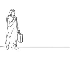 Single continuous line drawing of young male muslim worker watching smartphone screen to monitor the job. Arab middle east cloth shmagh, kandura, thawb, robe. One line draw design vector illustration
