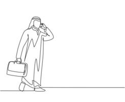 One single line drawing of young happy male muslim worker calling his colleagues by phone. Saudi Arabia cloth shmag, kandora, headscarf, thobe, ghutra. Continuous line draw design vector illustration