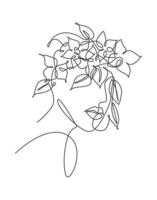 Single continuous line drawing pretty woman face with flowers. Nature beauty botanical print concept for wall decor print. Portrait minimalist. Trendy one line draw design vector graphic illustration