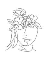 Single continuous line drawing nature portrait minimalist. Flower bouquet head concept. Beauty floral cosmetic salon abstract face print. Trendy one line art draw design vector graphic illustration