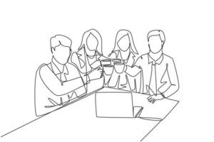 Single continuous line drawing of young male and female office workers discussing strategy to increase product sales at marketing team member meeting. One line draw graphic design vector illustration