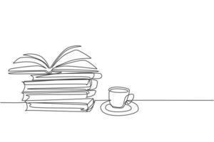 One single line drawing of opened page book with a cup of hot black espresso coffee at school library. Book is a window to the world concept. Continuous line draw design vector illustration