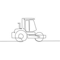 One continuous line drawing of metal roller vehicle for paving the road, commercial vehicle. Heavy construction trucks equipment concept. Dynamic single line draw design vector graphic illustration