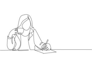 One single line drawing of young businesswoman writing a business idea draft while holding a cup coffee drink at office. Drinking tea concept continuous line draw design vector graphic illustration