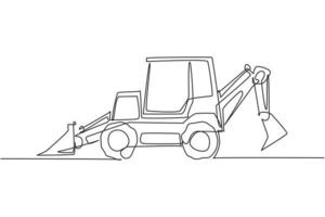 One continuous line drawing of bulldozer for digging soil and leveling the road. Heavy backhoe construction trucks equipment concept. Dynamic single line draw design graphic vector illustration