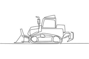 Single continuous line drawing of bulldozer for paving the road, commercial vehicle. Heavy backhoe construction machines equipment concept. Trendy one line draw design vector graphic illustration