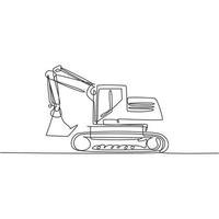 One single line drawing of excavator for digging soil vector illustration, business transportation. Heavy machines vehicles construction concept. Modern continuous line draw design graphic