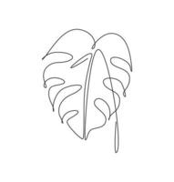 One continuous line drawing abstract tropical monstera leaf. Minimal natural botany eco concept. Home wall decor, poster, tote bag, fabric print. Single line draw design graphic vector illustration