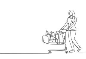 One continuous line drawing young happy female pushing trolley at supermarket while shopping fruits, vegetables, breads, milk. Shopping in hypermarket concept. Single line draw design illustration vector