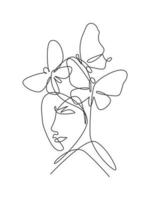 One single line drawing woman with butterfly line art vector illustration. Female abstract face butterfly botany portrait minimalistic print style concept. Modern continuous line draw graphic design