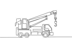 Single continuous line drawing of crane truck for building construction, business commercial vehicles. Heavy transportation machines equipment concept. Trendy one line draw design vector illustration