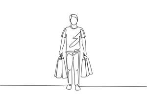 Single continuous line drawing young happy man walking and holding paper bags after buying personal needs at mall. Business shopping concept. One line draw vector graphic design illustration