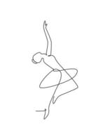 Single continuous line drawing pretty ballerina in ballet motion dance style. Beauty sexy dancer concept logo, Minimalist poster print art. Trendy one line draw design vector graphic illustration