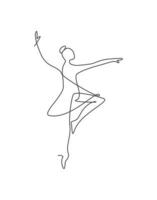 One continuous line drawing woman beauty ballet dancer in elegance motion. Sexy girl ballerina performs art dance concept. Wall decor print. Dynamic single line draw design vector graphic illustration