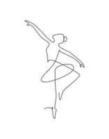 Single continuous line drawing ballerina in ballet motion dance style. Beauty minimalist dancer concept logo, Scandinavian poster print art. Trendy one line draw design graphic vector illustration