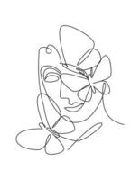 un dibujo de línea continua rostro abstracto de mujer sexy con logo de alas de mariposa. concepto de estilo minimalista de retrato femenino. icono cosmético. Ilustración de vector gráfico de diseño de dibujo de línea única dinámica