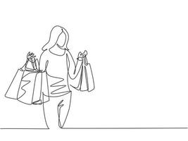 un dibujo de línea continua joven mujer de belleza feliz sosteniendo bolsas de papel después de comprar vestido, maquillaje, cosmética, moda en el centro comercial. compras en concepto de centro comercial. ilustración de diseño de dibujo de una sola línea vector