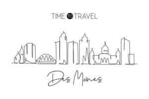 Single continuous line drawing of Des Moines city skyline, Iowa. Famous city scraper landscape. World travel home wall decor art poster print concept. Modern one line draw design vector illustration