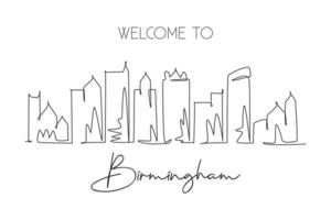 One single line drawing visit Birmingham city skyline, Alabama. World beauty town landscape. Best holiday destination postcard. Editable stroke trendy continuous line draw design vector illustration