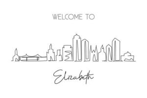 One single line drawing Elizabeth city skyline, New Jersey. World historical town landscape. Best holiday destination postcard. Editable stroke trendy continuous line draw design vector illustration