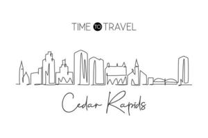 Single continuous line drawing of Cedar Rapids skyline, Iowa. Famous city scraper landscape. World travel home wall decor art poster print concept. Modern one line draw design vector illustration