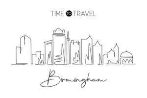 One continuous line drawing of Birmingham city skyline, Alabama. Beautiful landmark art. World landscape tourism travel wall decor poster, postcard. Stylish single line draw design vector illustration