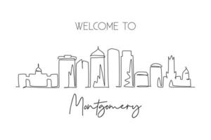 One continuous line drawing of Montgomery city skyline, Alabama. Beautiful landmark. World landscape tourism travel wall decor poster art, postcard. Stylish single line draw design vector illustration