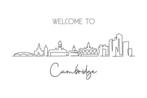 Single continuous line drawing Cambridge city skyline, Massachusetts. Famous city scraper landscape. World travel wall decor art poster print concept. Modern one line draw design vector illustration