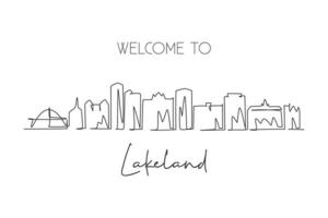 Single continuous line drawing of Lakeland skyline, Florida. Famous city scraper landscape sign. World travel home wall decor art poster print concept. Modern one line draw design vector illustration