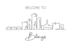 Single continuous line drawing of Billings skyline, Montana. Famous city scraper landscape. World travel home wall decor art poster print concept. Modern one line draw design vector illustration