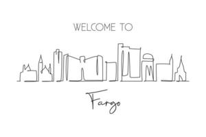 One single line drawing Fargo city skyline, North Dakota. World historical town landscape postcard. Best holiday destination. Editable stroke trendy continuous line draw design vector illustration