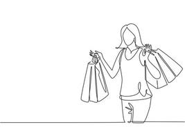 One continuous line drawing young happy beauty woman holding many paper bags after shopping personal needs. Shopping fashion, cosmetic, makeup in big mall concept. Single line draw design illustration vector