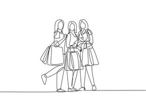 Grupo de dibujo de línea continua única de mujeres de belleza sosteniendo bolsas de papel mientras compran juntas en el centro comercial. concepto de compras al por menor de negocios. Ilustración de diseño gráfico de vector de dibujo de una línea