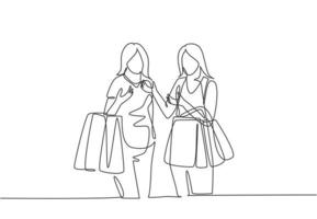 One continuous line drawing two young happy women friend holding paper bags while shopping together. Shopping clothing, dress, fashion, makeup in mall concept. Single line draw design illustration