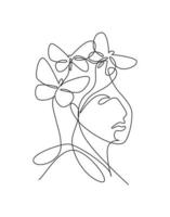 un dibujo de línea continua rostro abstracto de mujer sexy con logo de alas de mariposa. concepto de estilo minimalista de retrato femenino. icono cosmético. Ilustración gráfica de vector de diseño de dibujo de línea única dinámica