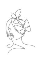 One continuous line drawing sexy woman abstract face with butterfly wings logo. Female portrait minimalist style concept. Cosmetic icon. Dynamic single line draw design graphic vector illustration