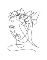 One single line drawing woman with butterfly line art vector illustration. Female abstract face butterfly wings portrait minimalistic fashion style concept. Modern continuous line graphic draw design