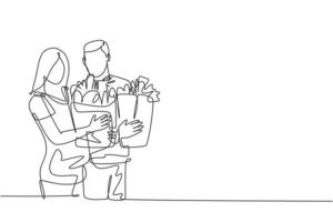 One single line drawing young happy romantic couple holding paper grocery bags after buying daily goods at grocery store. Commercial retail shopping concept. Continuous line draw design illustration vector