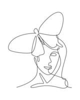 One single line drawing woman with butterfly line art vector illustration. Female abstract face butterfly wings portrait minimalistic fashion style concept. Modern continuous line graphic draw design